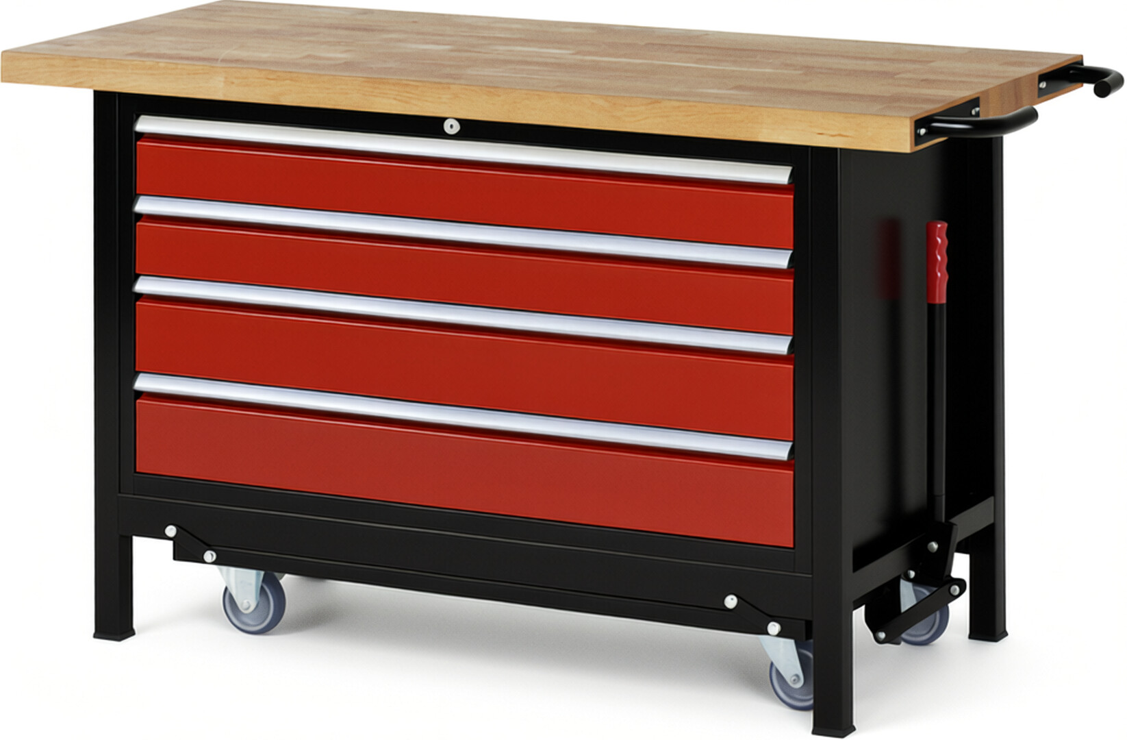 RAU Werkbank schwarz - rot - Breite 150 cm - Tiefe 70 cm - Höhe 88 cm - Buche-Massiv Arbeitsplatte 40 mm