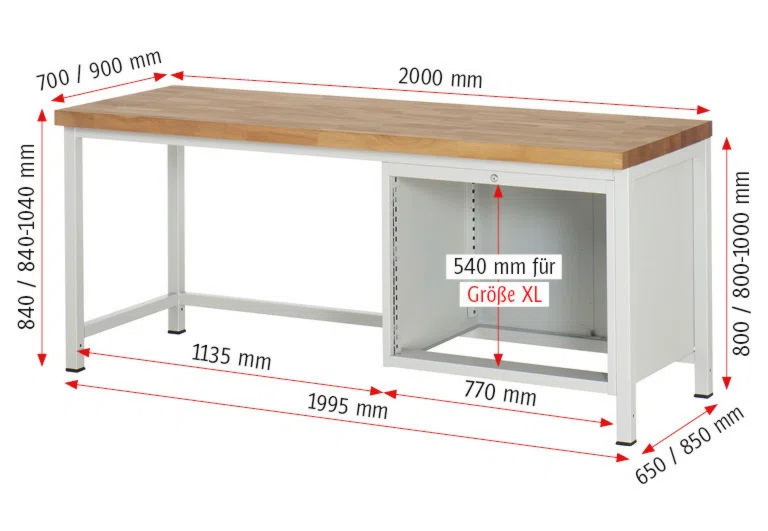 Werkbank Modell 8257 rot, BxTxH 2000x700x840-1040 mm,  Buche-Massiv Arbeitsplatte 40 mm,  3 Schubladen mit  Auszug 90 %