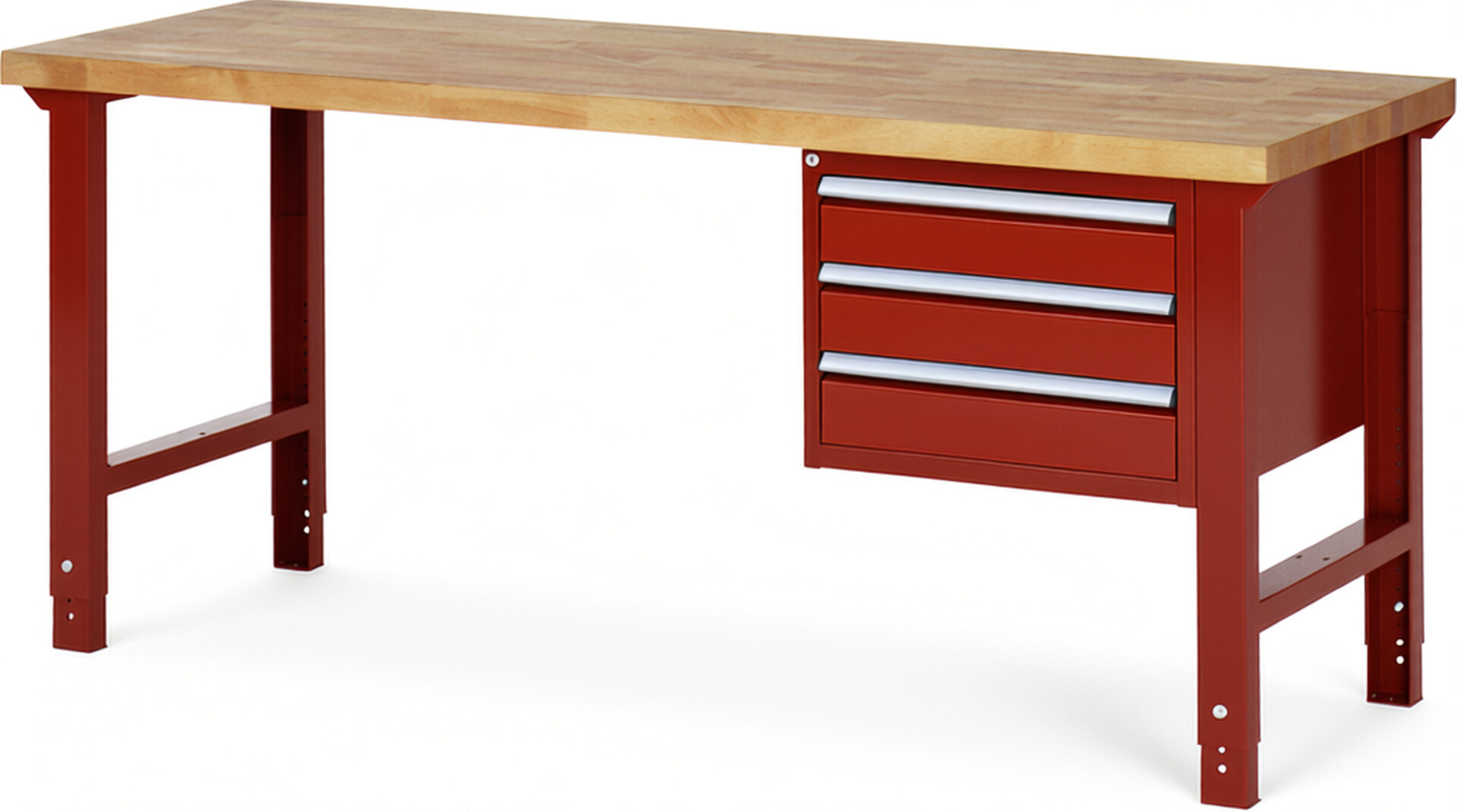 Werkbank Modell 7127 rot, BxTxH 2000x700x790-1140 mm,  Buche-Massiv Arbeitsplatte 40 mm,  3 Schubladen mit  Auszug 90 %