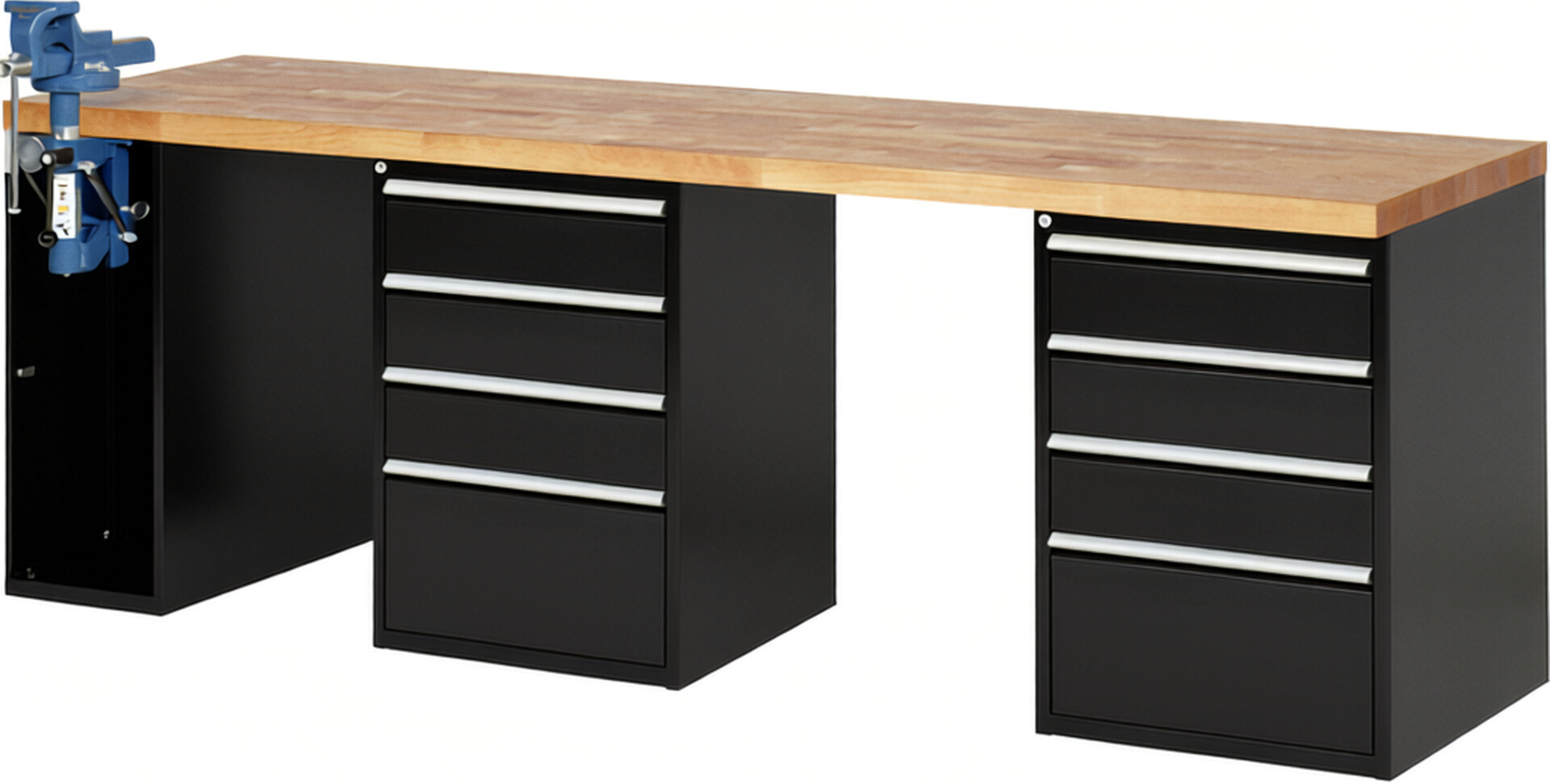 Werkbank Modell 7510 schwarz, BxTxH 2500x700x840 mm,  Buche-Massiv Arbeitsplatte 40 mm,  8 Schubladen mit  Vollauszug 100 % und  SoftClosing