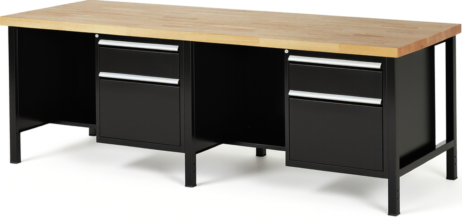 Werkbank Modell 8451 schwarz, BxTxH 2500x900x840 mm,  Buche-Massiv Arbeitsplatte 40 mm,  4 Schubladen mit  Vollauszug 100 % und  SoftClosing