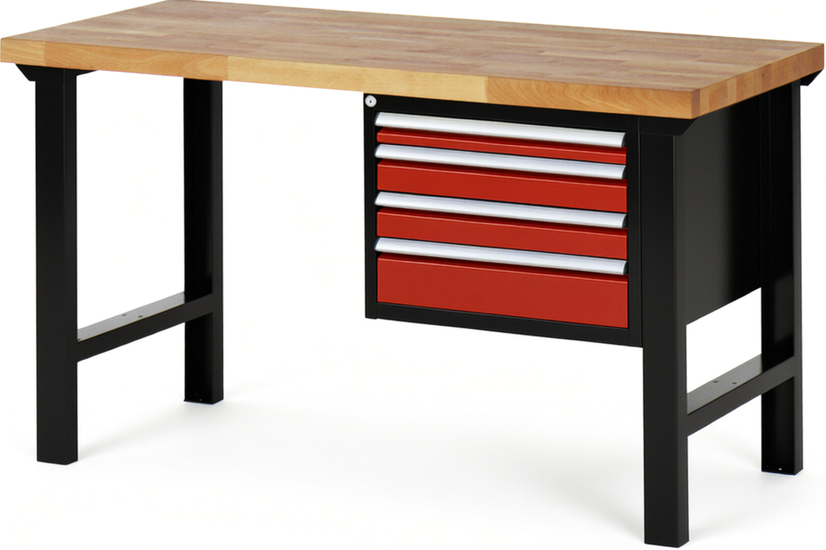 RAU Werkbank schwarz - rot - Breite 150 cm - Tiefe 70 cm - Höhe 84 cm - Buche-Massiv Arbeitsplatte 40 mm