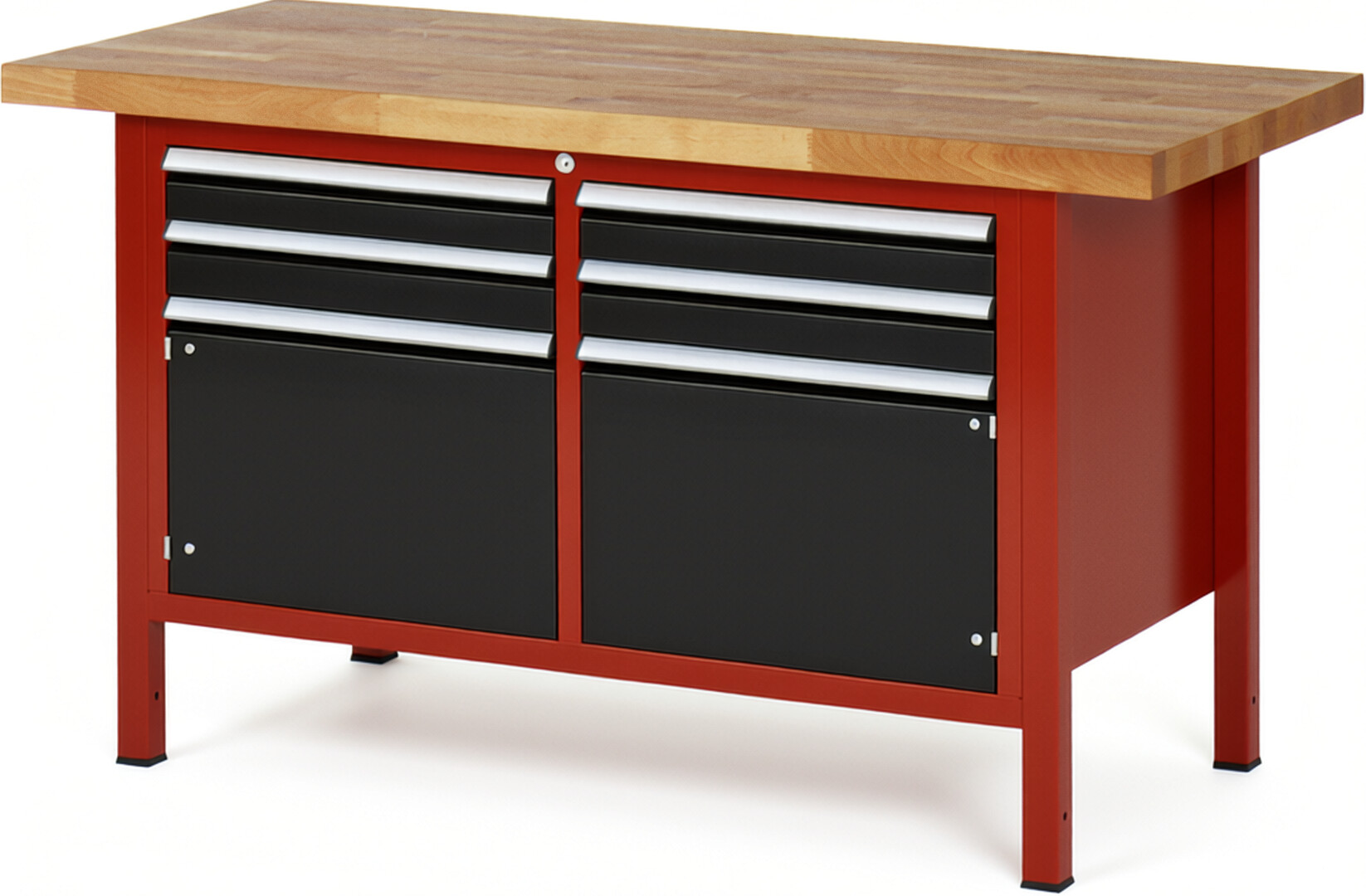 Werkbank Modell 8469 rot - schwarz, BxTxH 1500x700x840-1040 mm,  Buche-Massiv Arbeitsplatte 40 mm,  4 Schubladen mit  Auszug 90 %