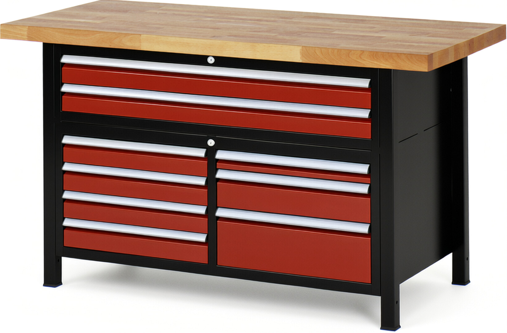 Werkbank Modell 8923 schwarz-rot, BxTxH 1500x700x840-1040 mm,  Buche-Massiv Arbeitsplatte 40 mm,  9 Schubladen mit  Vollauszug 100 % und  SoftClosing