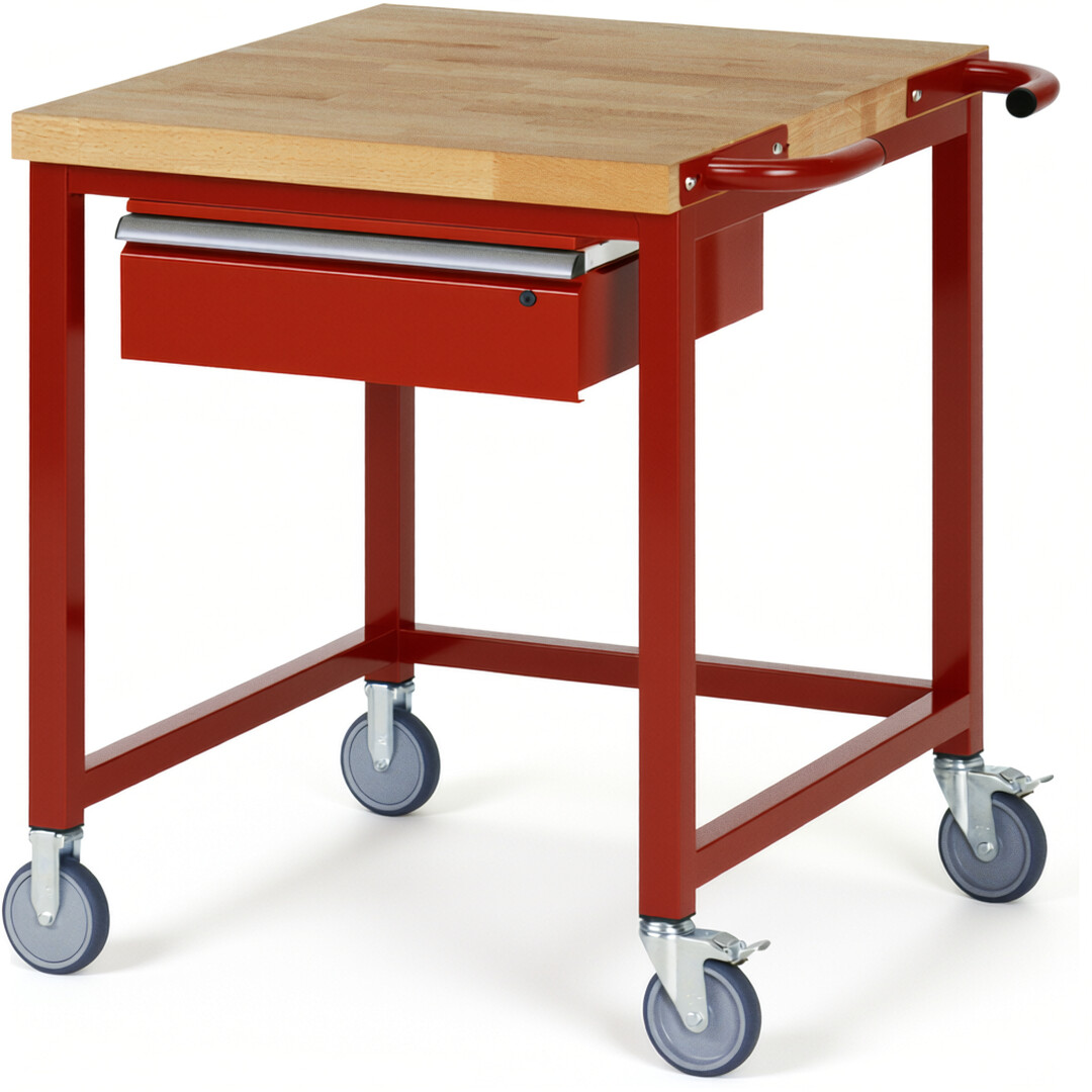 Fahrbare Werkbank Modell 8001 rot, BxTxH 750x900x880-1080 mm,  Buche-Massiv Arbeitsplatte 40 mm,  1 Schublade mit  Auszug 90 %