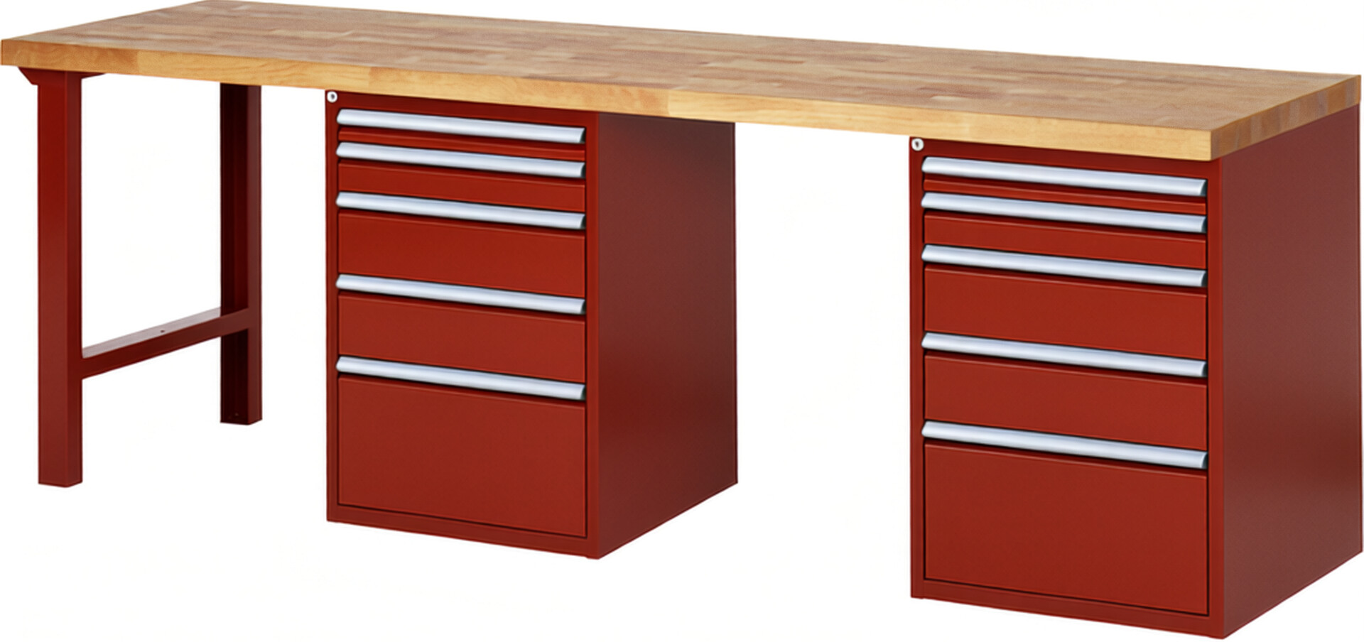 RAU Werkbank rot - Breite 250 cm - Tiefe 70 cm - Höhe 84 cm - Buche-Massiv Arbeitsplatte 40 mm