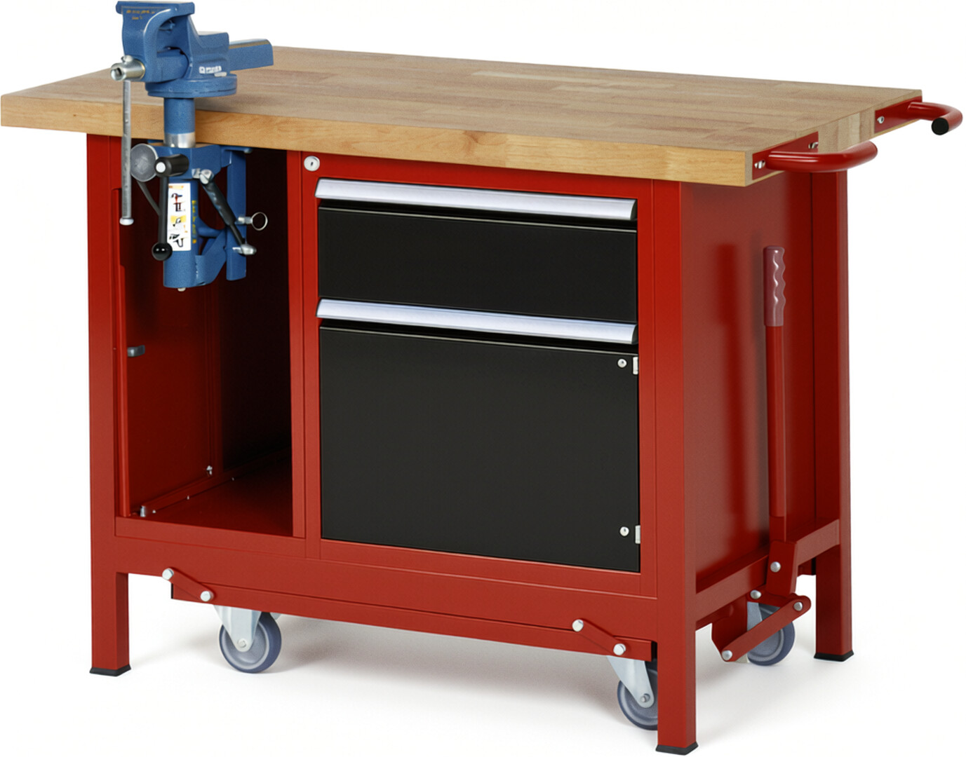 Absenkbare Werkbank Modell 8181 rot - schwarz, BxTxH 1250x700x880 mm,  Buche-Massiv Arbeitsplatte 40 mm,  1 Schublade mit  Auszug 90 %