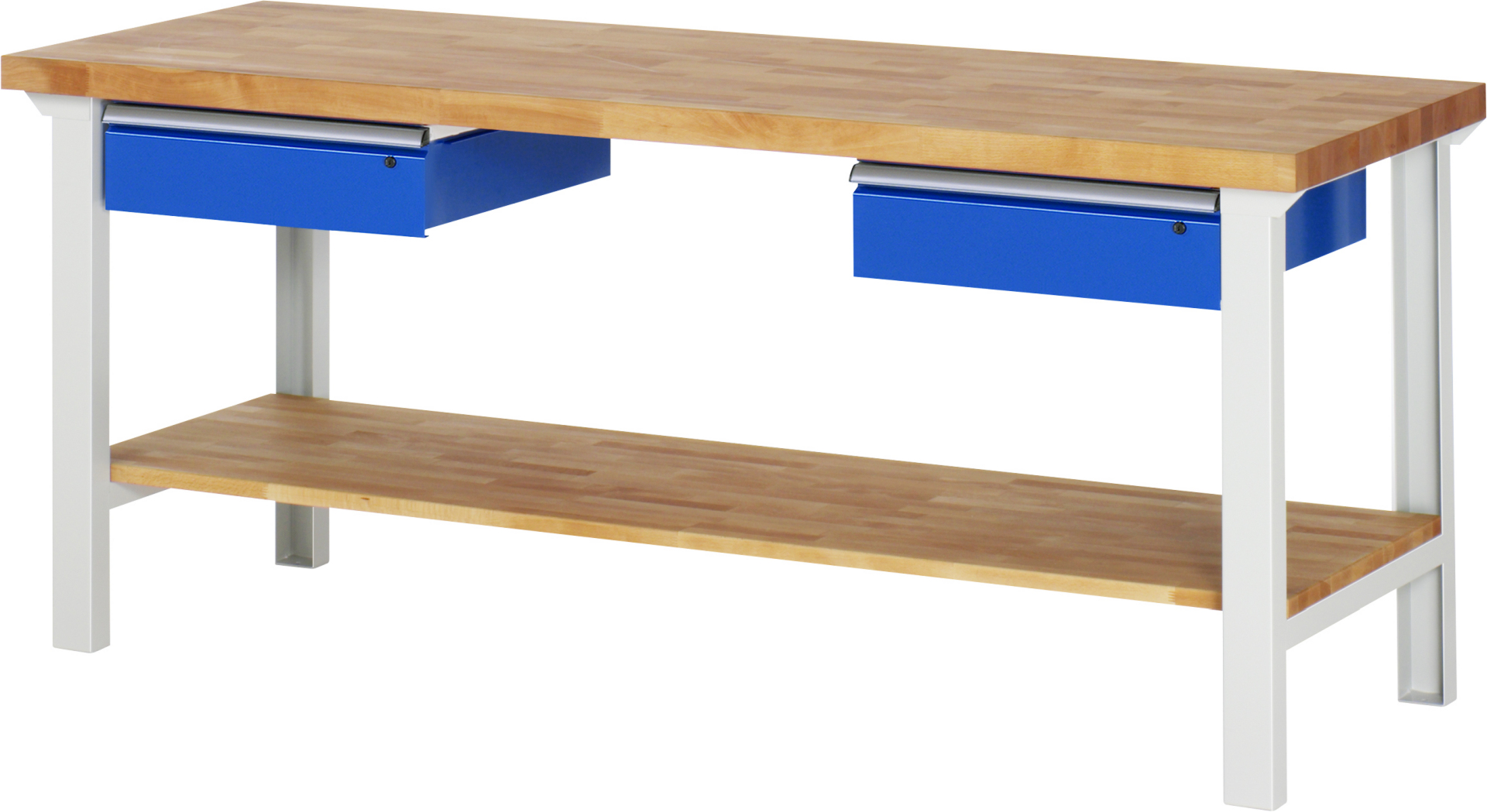 Werkbank Modell 7002 rot - schwarz, BxTxH 2000x700x840 mm,  Buche-Massiv Arbeitsplatte 40 mm,  2 Schubladen mit  Auszug 90 %