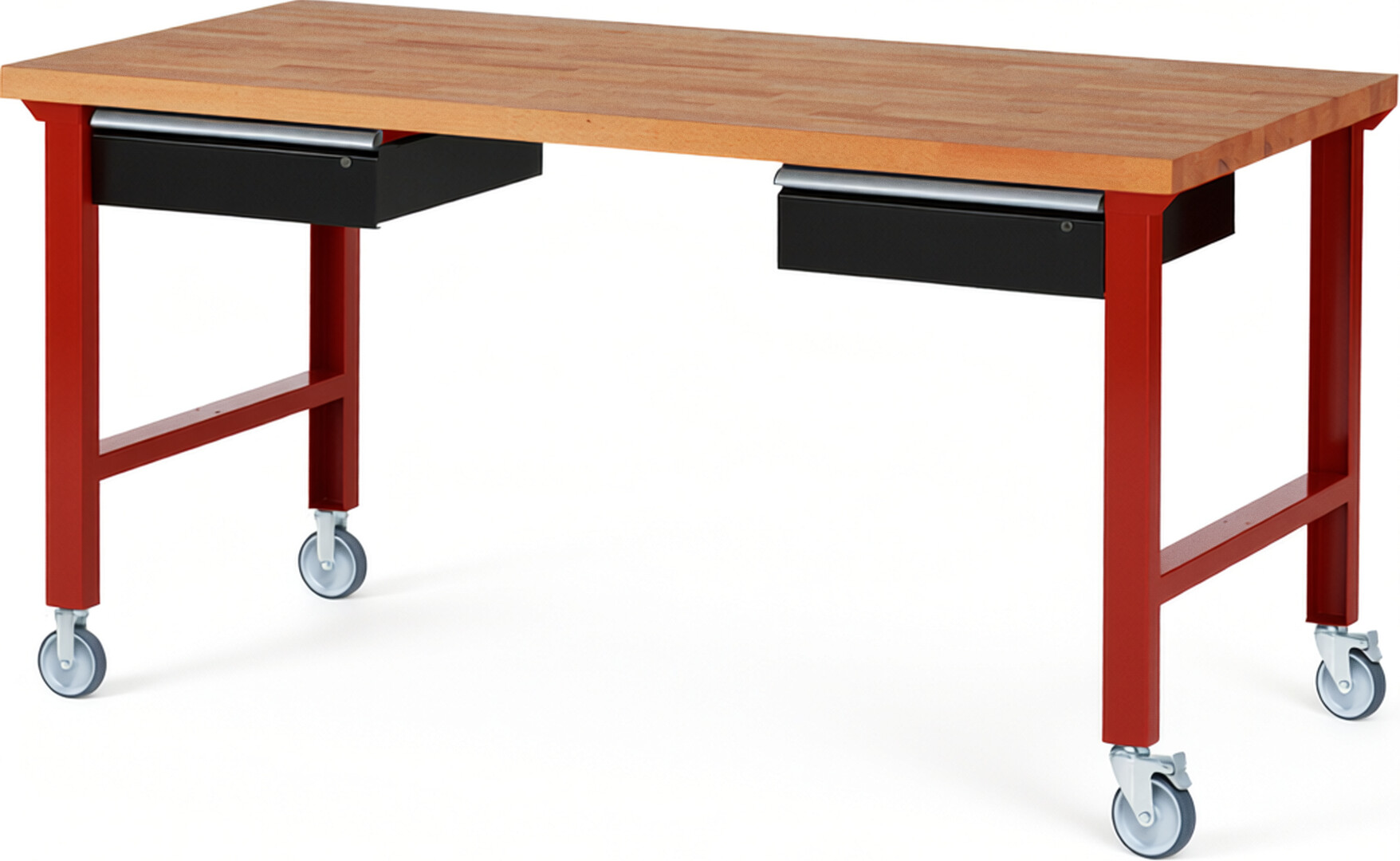 Fahrbare Werkbank Modell 7002 rot - schwarz, BxTxH 2000x900x1000 mm,  Buche-Massiv Arbeitsplatte 40 mm,  2 Schubladen mit  Auszug 90 %