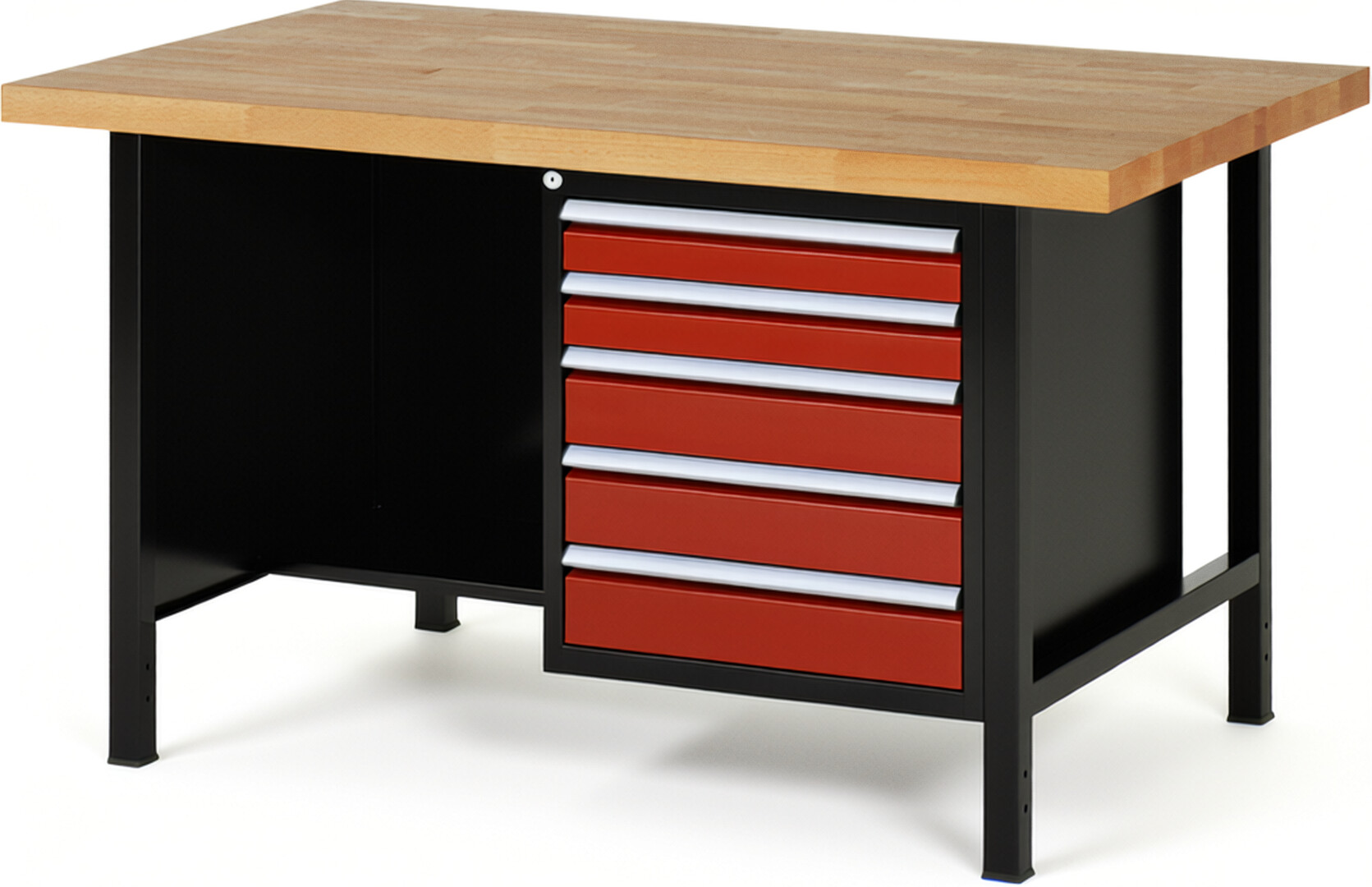 RAU Werkbank schwarz - rot - Breite 150 cm - Tiefe 90 cm - Höhe 84 cm - Buche-Massiv Arbeitsplatte 40 mm