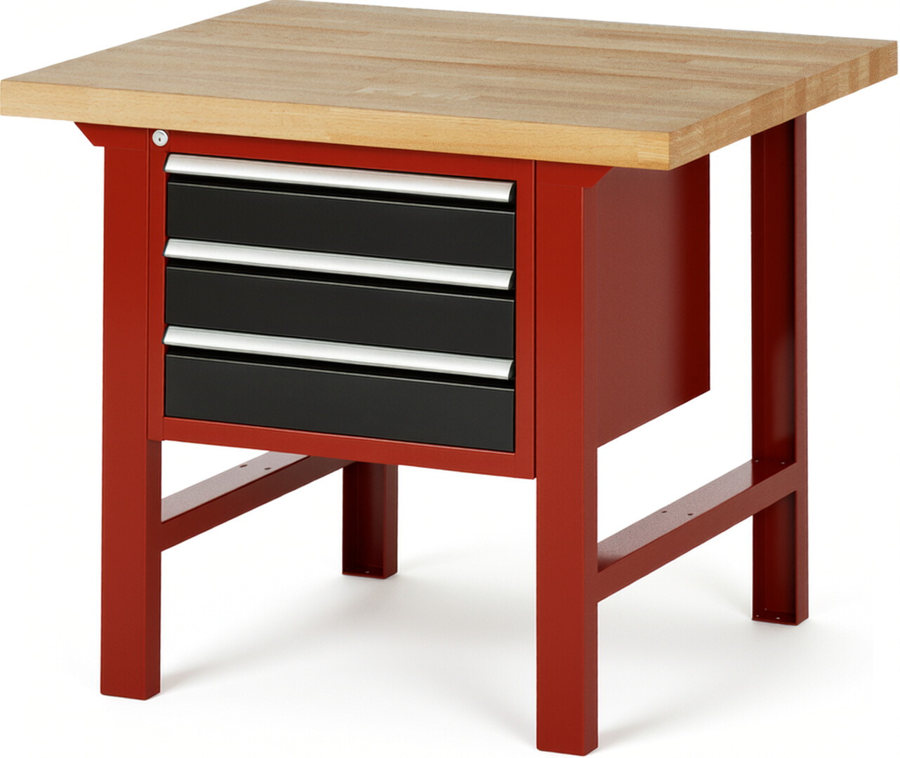 Werkbank Modell 7127 rot - schwarz, BxTxH 1000x900x840 mm,  Buche-Massiv Arbeitsplatte 40 mm,  3 Schubladen mit  Vollauszug 100 % und  SoftClosing