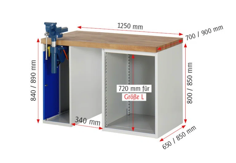 Werkbank Modell 7510,  BxTxH 1500x900x840 mm,  Buche-Massiv Arbeitsplatte 40 mm,  4 Schubladen mit  Vollauszug 100 % und  SoftClosing