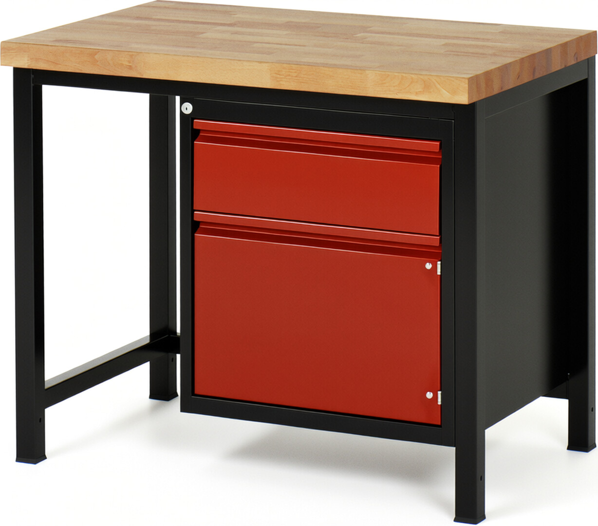 Werkbank schwarz - rot, Breite 100 cm, Tiefe 70 cm, Höhe 104 cm, 1 Schublade(n), Platte: Buche-Massiv-Arbeitsplatte