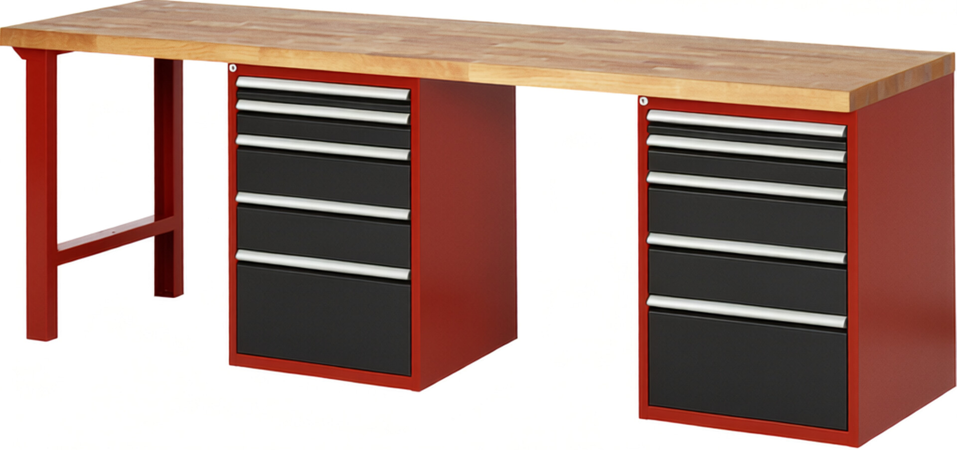 Werkbank Modell 7511 rot - schwarz, BxTxH 2500x700x840 mm,  Buche-Massiv Arbeitsplatte 40 mm,  10 Schubladen mit  Vollauszug 100 % und  SoftClosing