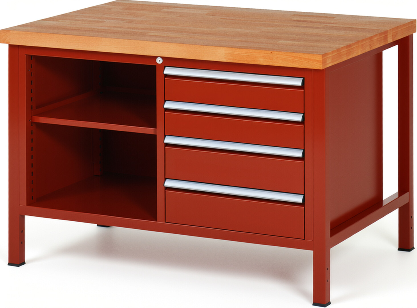 Werkbank Modell 8463 rot, BxTxH 1250x900x840-1040 mm,  Buche-Massiv Arbeitsplatte 40 mm,  4 Schubladen mit  Auszug 90 %