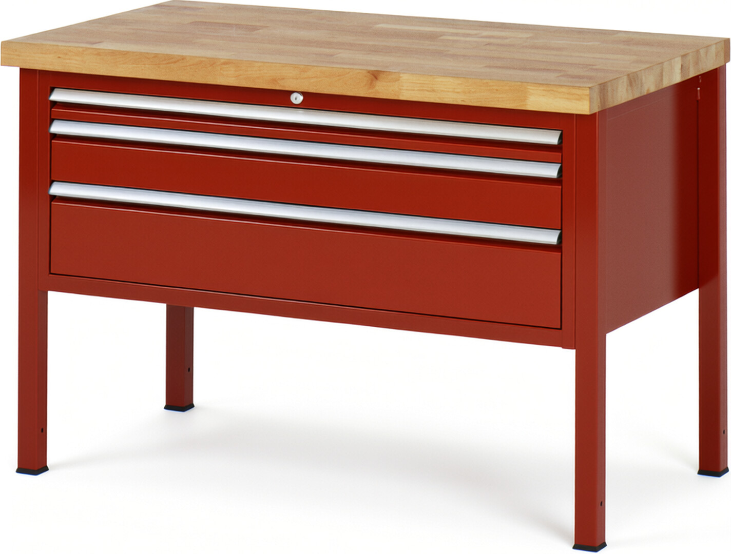 Werkbank Modell 8326 rot, BxTxH 1250x700x840 mm,  Buche-Massiv Arbeitsplatte 40 mm,  3 Schubladen mit  Vollauszug 100 % und  SoftClosing