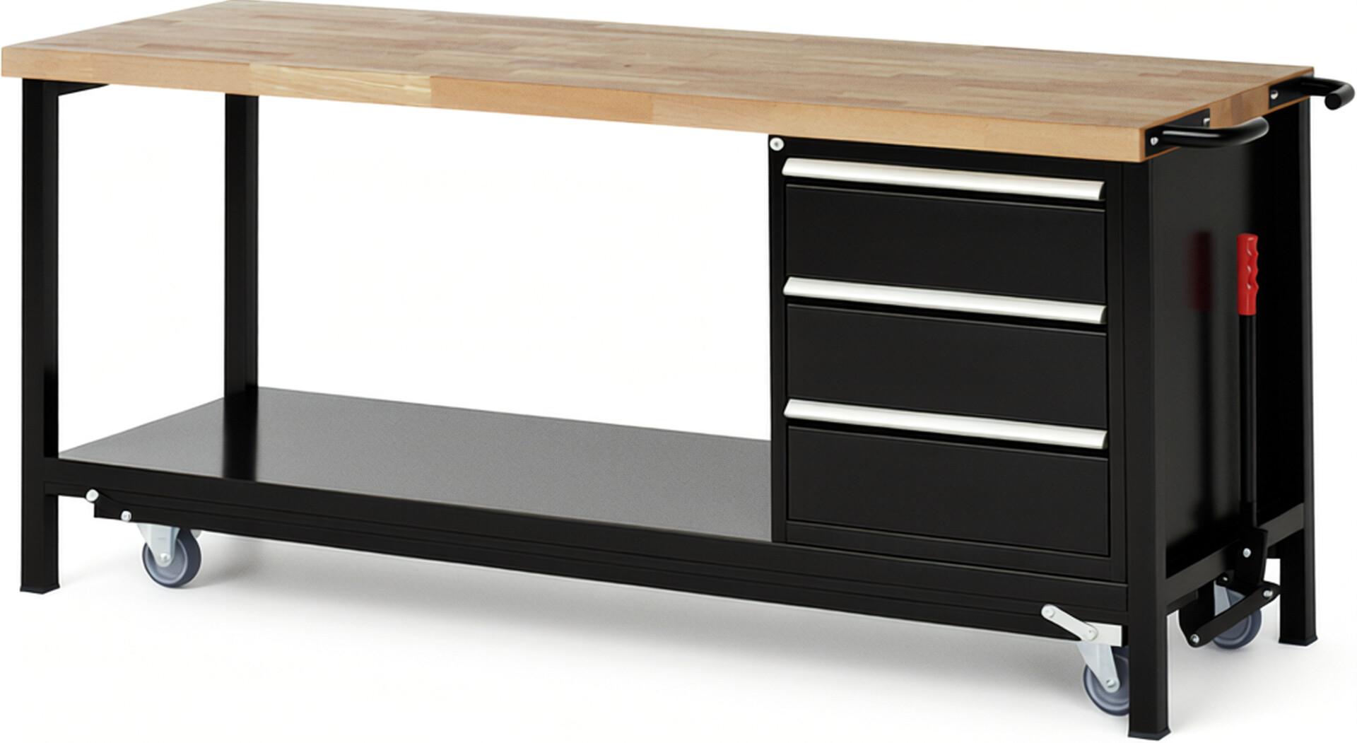 Absenkbare Werkbank Modell 8157 schwarz, BxTxH 2000x700x880 mm,  Buche-Massiv Arbeitsplatte 40 mm,  3 Schubladen mit  Vollauszug 100 % und  SoftClosing