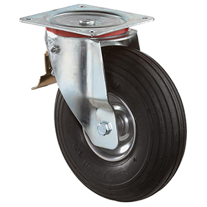 Transportgeräte-Lenkrolle m. Festst., Gummi schwarz, Durchm. 260 mm, Traglast 130 kg, Rollenlager, Anschraubplatte