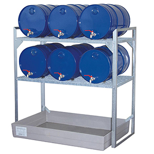 Fassregal, Stahl verzinkt, 2 Gitterrostebenen für 60-l-Fässer und Kleingebinde, GFK-Auffangwanne 150 l, BxTxH 1320x800x1300 mm
