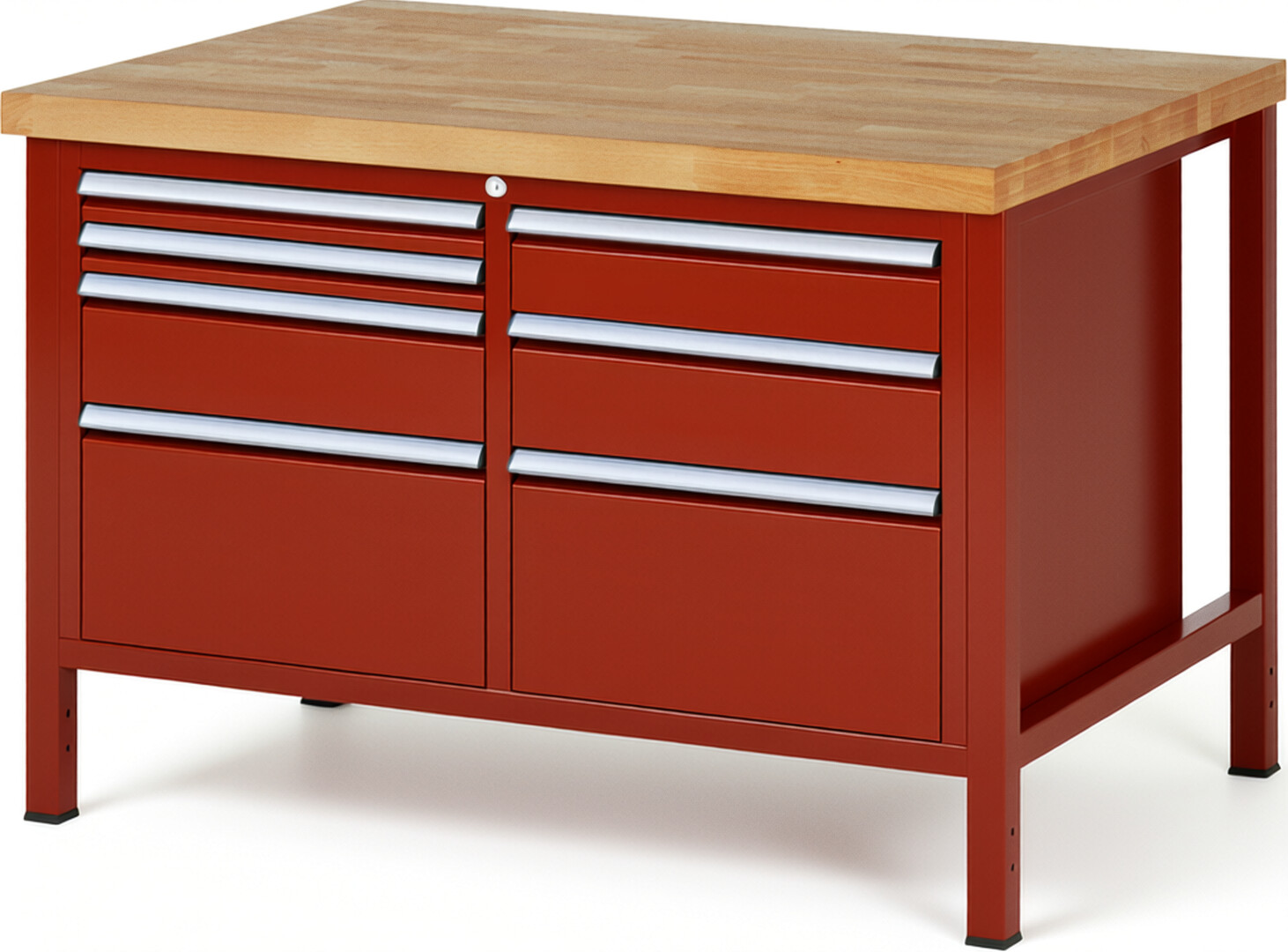 Werkbank Modell 8476 rot, BxTxH 1250x900x840-1040 mm,  Buche-Massiv Arbeitsplatte 40 mm,  7 Schubladen mit  Auszug 90 %