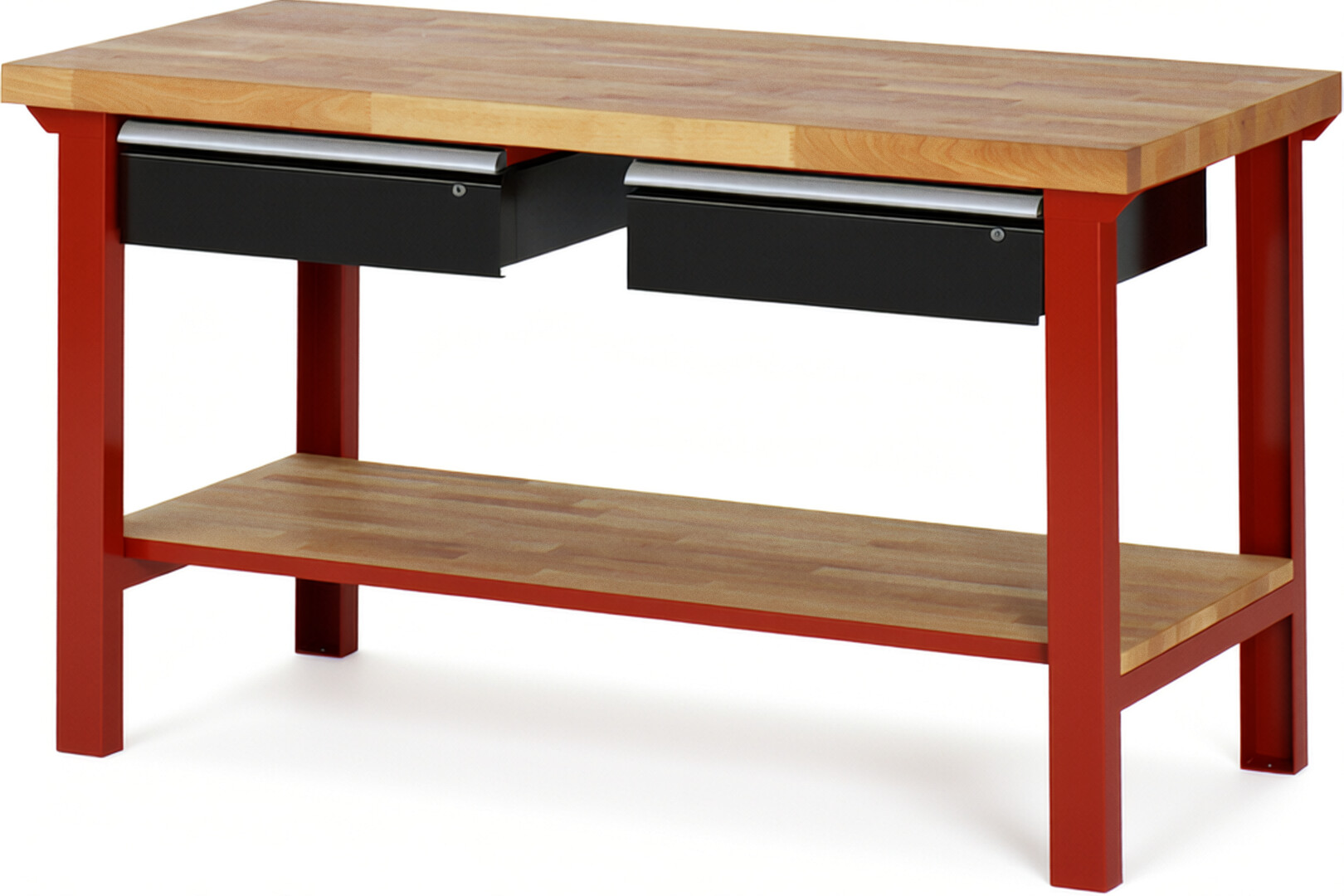 Werkbank Modell 7002 rot - schwarz, BxTxH 1500x700x840 mm,  Buche-Massiv Arbeitsplatte 40 mm,  2 Schubladen mit  Auszug 90 %