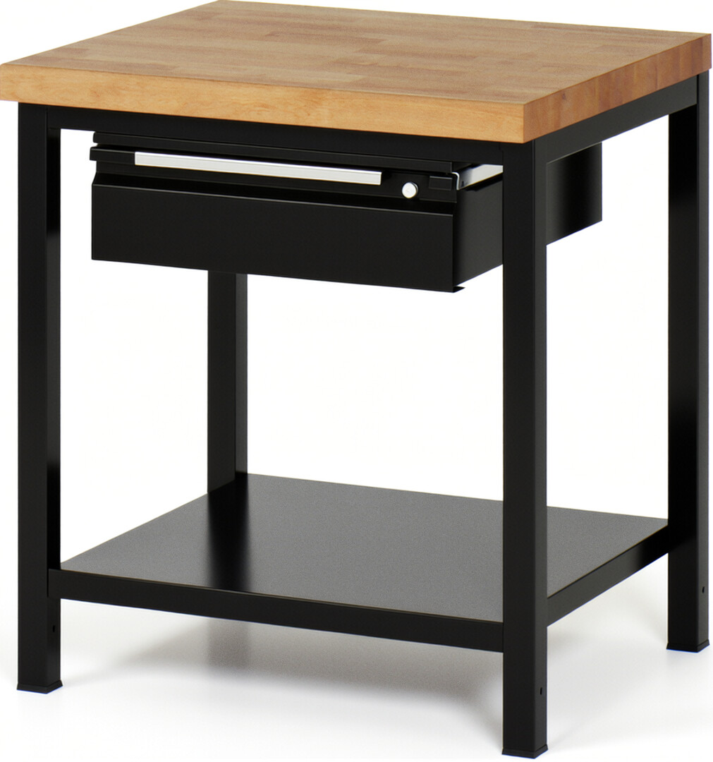 Werkbank schwarz, BxTxH 750x700x840-1040 mm, Platte Buche 40 mm, inkl. Stahlblech-Ablageboden, 1x 150 mm Hängeschublade, RAL 9011/9011