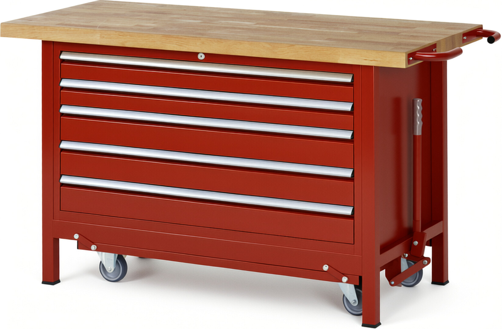 Absenkbare Werkbank Modell 8371 rot, BxTxH 1500x700x880 mm,  Buche-Massiv Arbeitsplatte 40 mm,  5 Schubladen mit  Vollauszug 100 % und  SoftClosing
