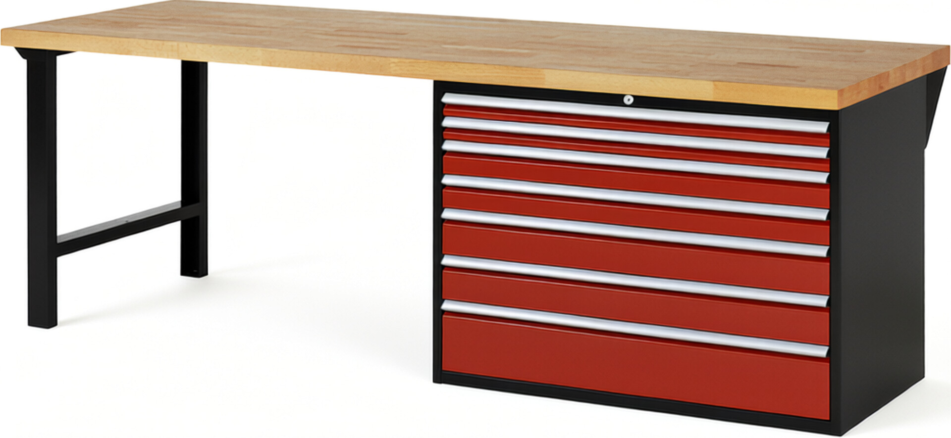 RAU Werkbank schwarz - rot - Breite 250 cm - Tiefe 90 cm - Höhe 84 cm - Buche-Massiv Arbeitsplatte 40 mm