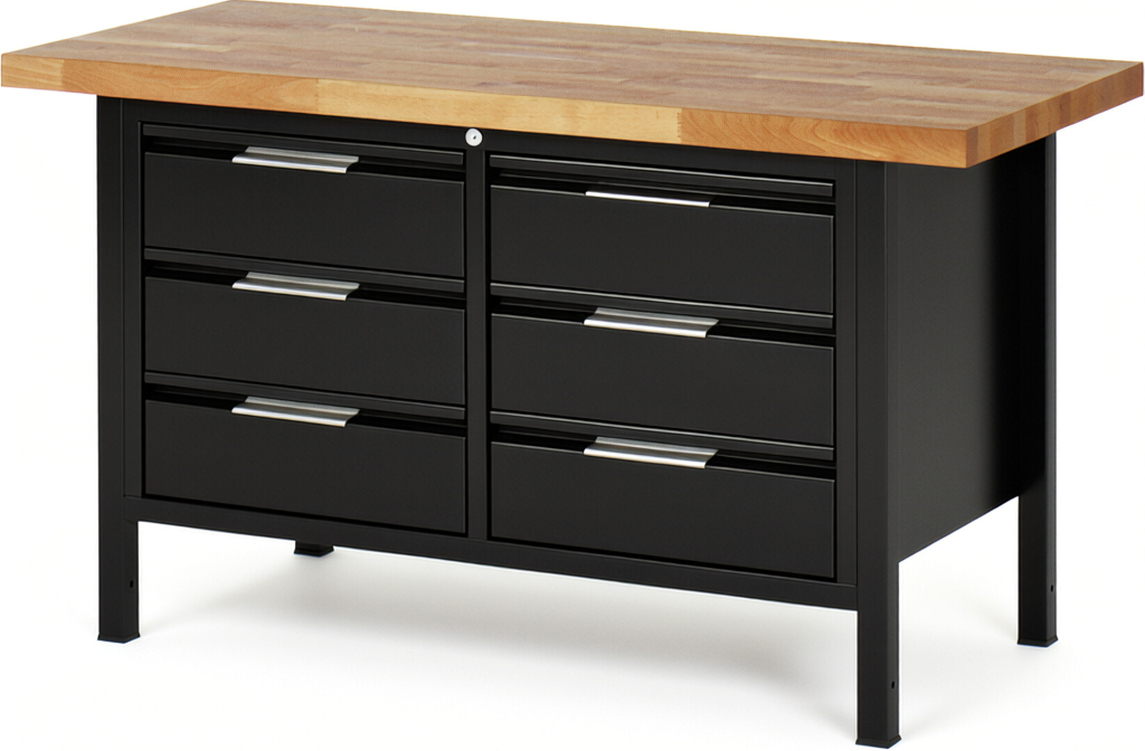 Werkbank schwarz, BxTxH 1500x700x840-1040 mm, Platte Buche 40 mm, 6 Schubladen 180 mm, RAL 9011/9011