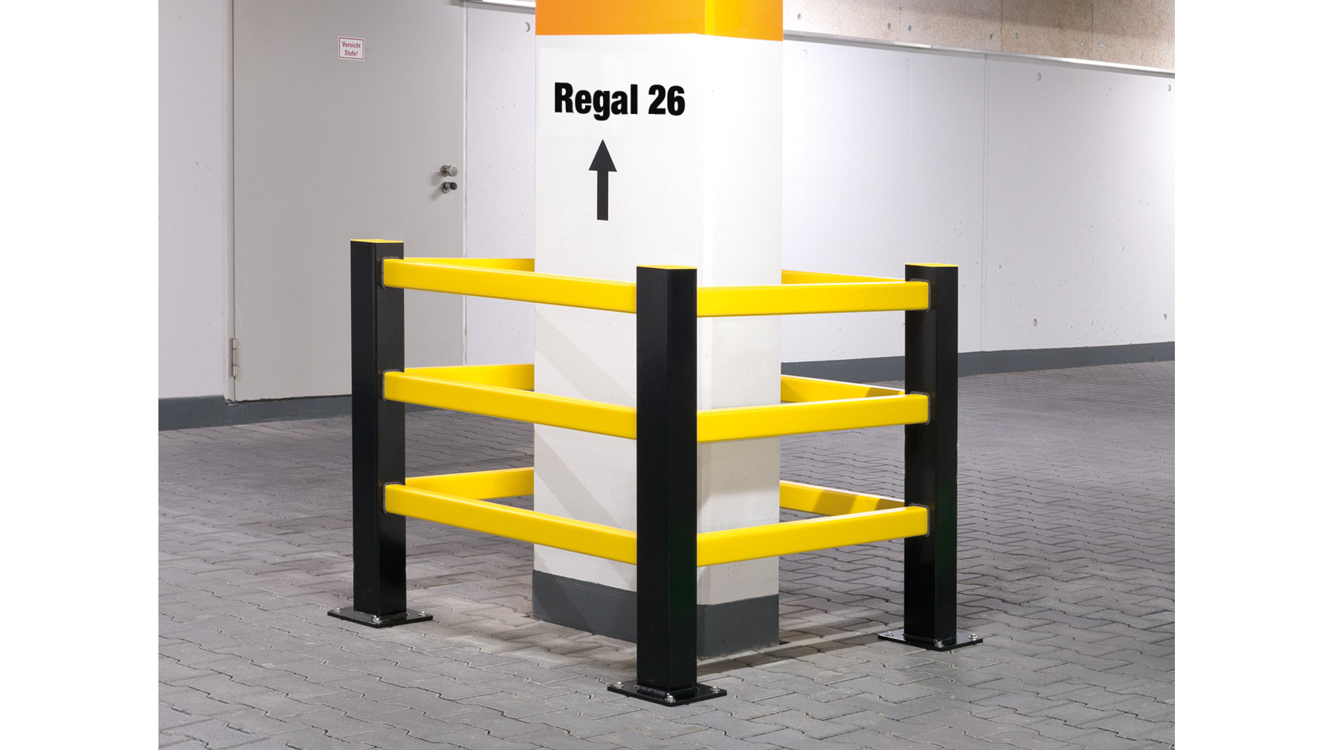 Rammschutzgeländer, Säulenschutz, Hybrid-Geländer, 4 Stahlpfosten und 12 Kunststoffbalken, für Rechtecksäulen von 200-700 mm, schwarz/gelb