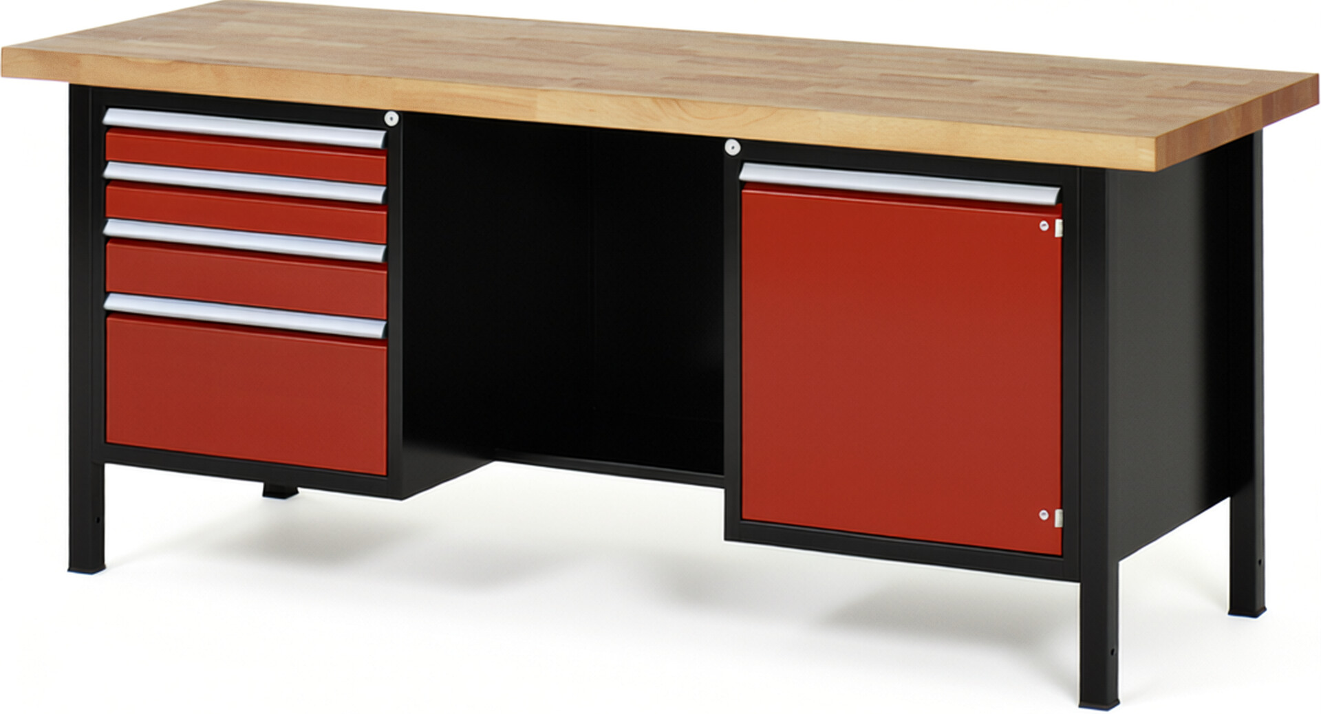 RAU Werkbank schwarz - rot - Breite 200 cm - Tiefe 70 cm - Höhe 104 cm - Buche-Massiv Arbeitsplatte 40 mm