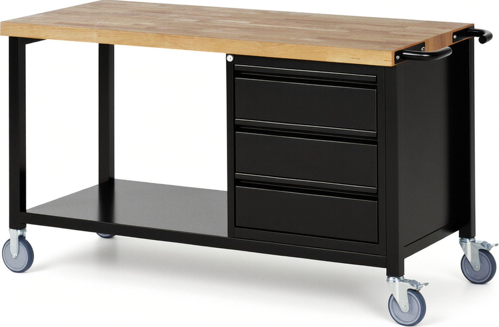 Fahrbare Werkbank - Modell 8157 BASIC schwarz, BxTxH 1500x700x880 mm,  Buche-Massiv Arbeitsplatte 40 mm,  3 Schubladen mit  Auszug 90 %