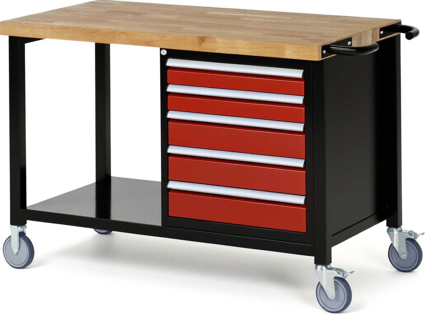 RAU Werkbank schwarz - rot - Breite 125 cm - Tiefe 70 cm - Höhe 108 cm - Buche-Massiv Arbeitsplatte 40 mm