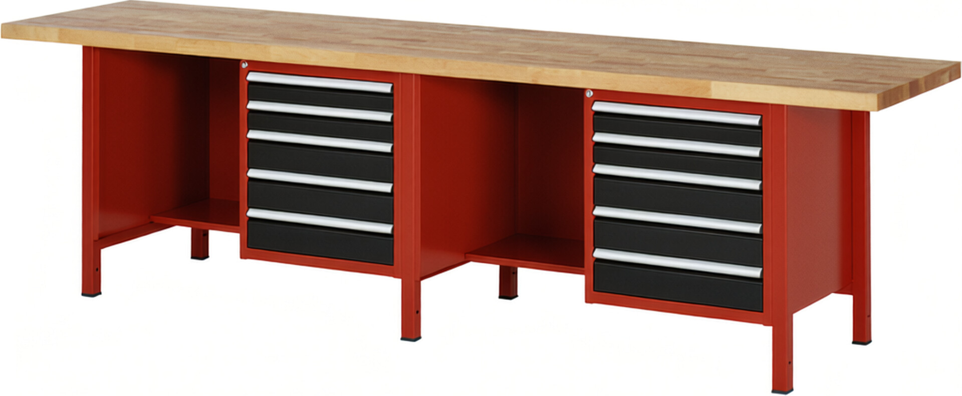 Werkbank Modell 8454 rot - schwarz, BxTxH 3000x700x840 mm,  Buche-Massiv Arbeitsplatte 40 mm,  10 Schubladen mit  Vollauszug 100 % und  SoftClosing