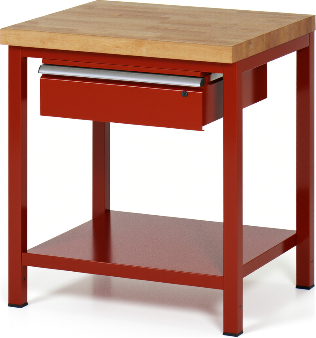 Werkbank Modell 8001 rot, BxTxH 750x700x840 mm,  Buche-Massiv Arbeitsplatte 40 mm,  1 Schublade mit  Auszug 90 %