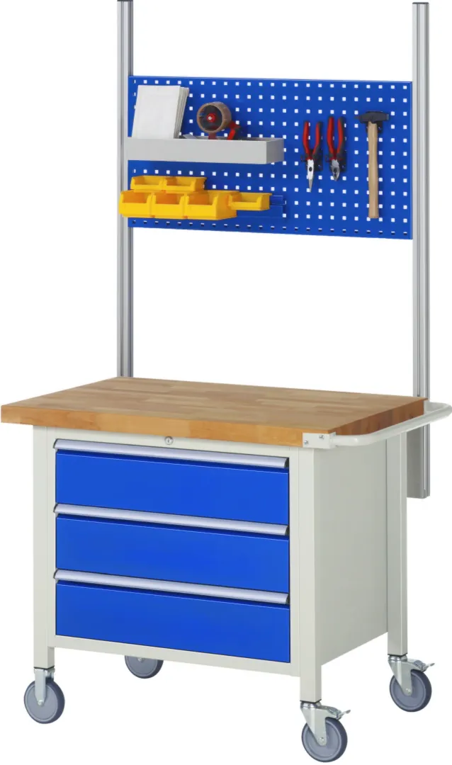 Fahrbare Werkbank Modell 8262 schwarz, BxTxH 1000x700x880 mm,  Buche-Massiv Arbeitsplatte 40 mm,  4 Schubladen mit  Vollauszug 100 % und  SoftClosing