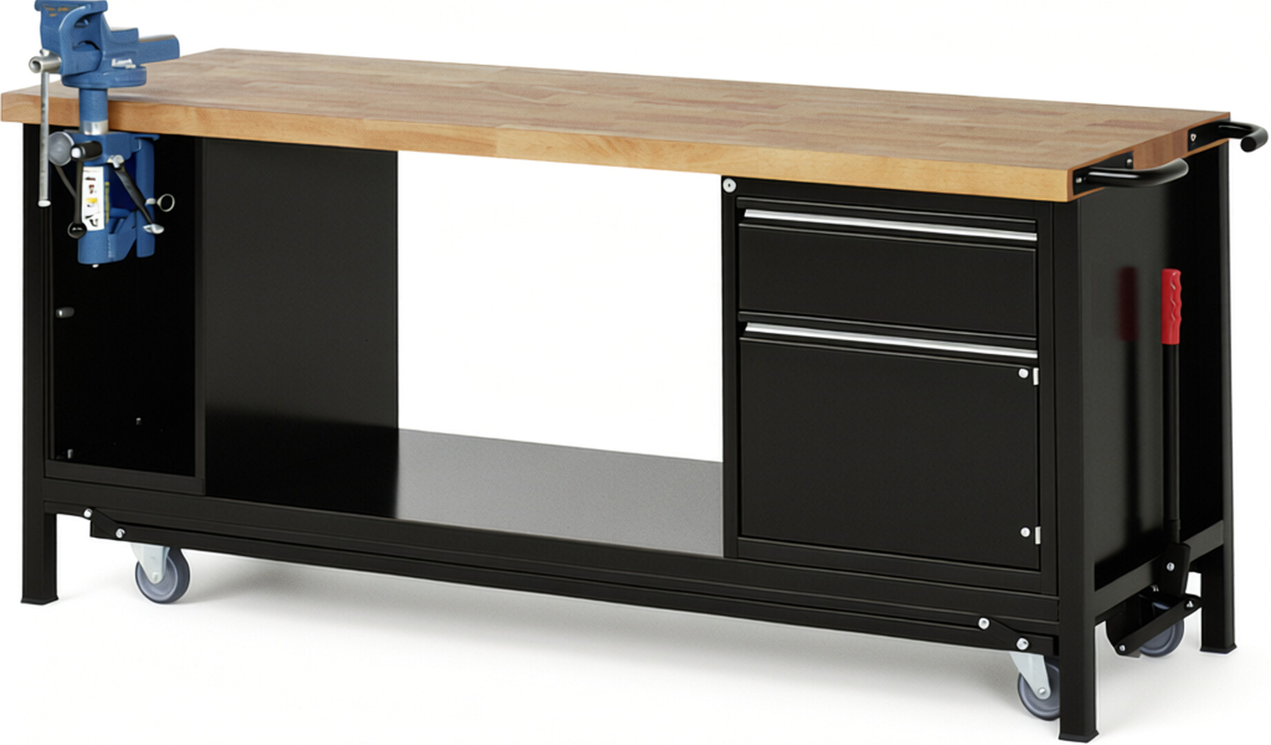 Absenkbare Werkbank - Modell 8181 BASIC schwarz, BxTxH 2000x700x880 mm,  Buche-Massiv Arbeitsplatte 40 mm,  1 Schublade mit  Auszug 90 %