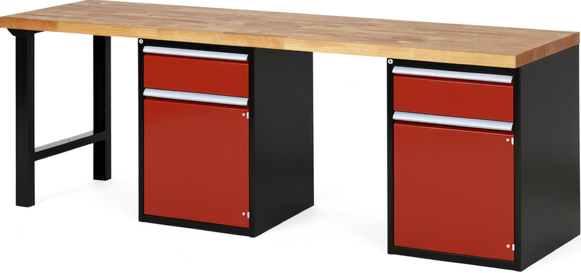 RAU Werkbank schwarz - rot - Breite 250 cm - Tiefe 70 cm - Höhe 89 cm - Buche-Massiv Arbeitsplatte 40 mm