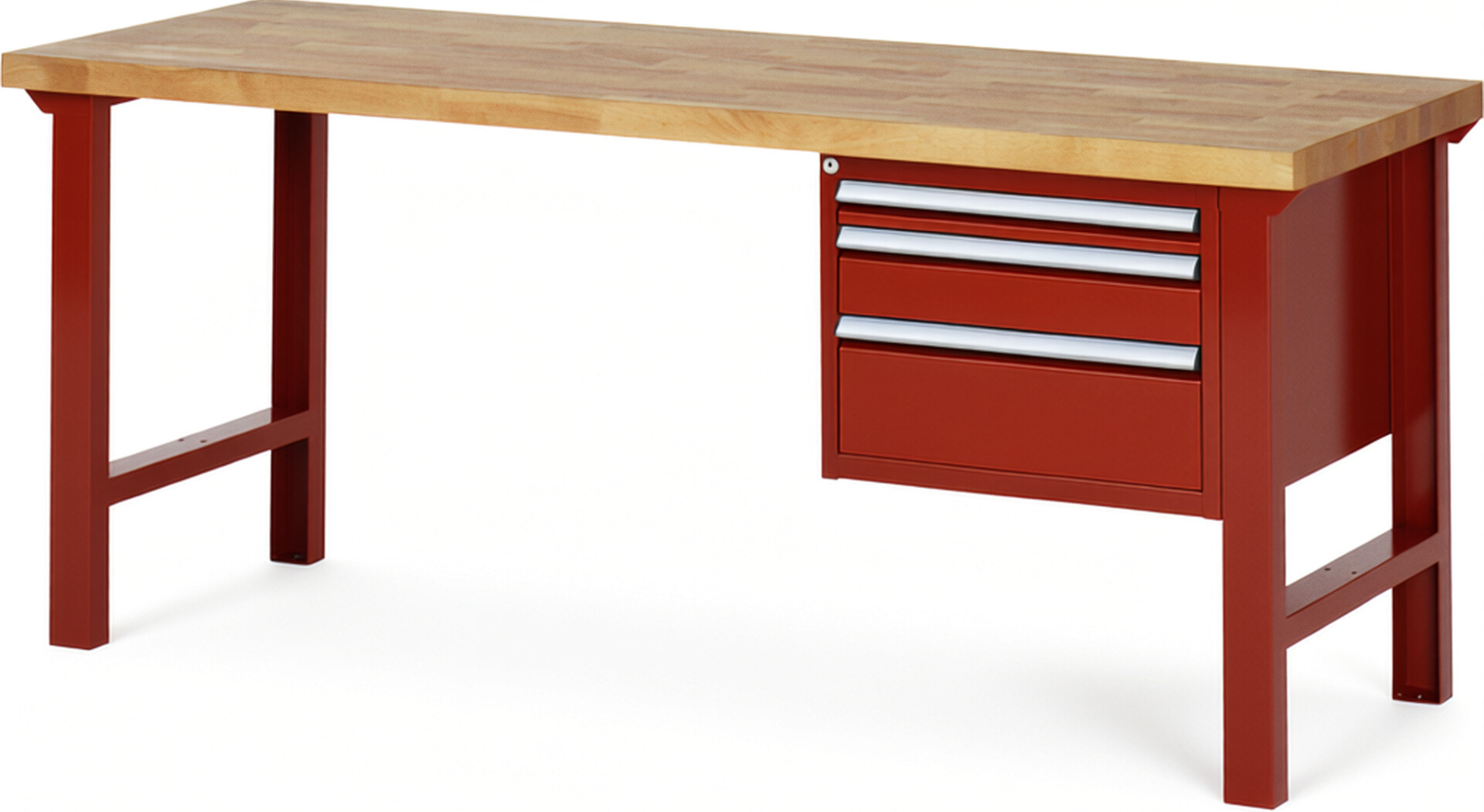 Werkbank Modell 7126 rot, BxTxH 2000x700x840 mm,  Buche-Massiv Arbeitsplatte 40 mm,  3 Schubladen mit  Vollauszug 100 % und  SoftClosing