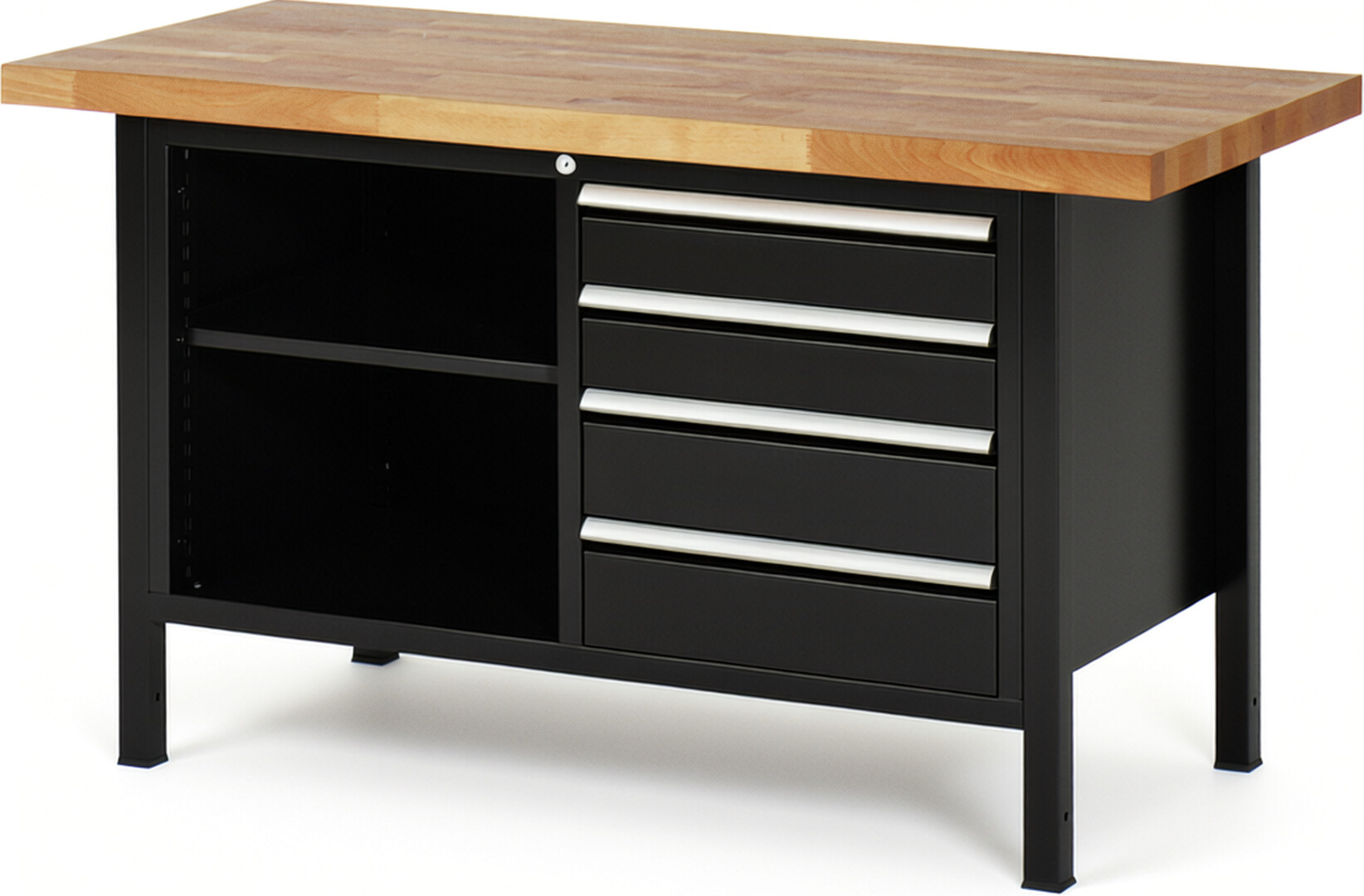 Werkbank Modell 8463 schwarz, BxTxH 1500x700x840-1040 mm,  Buche-Massiv Arbeitsplatte 40 mm,  4 Schubladen mit  Auszug 90 %