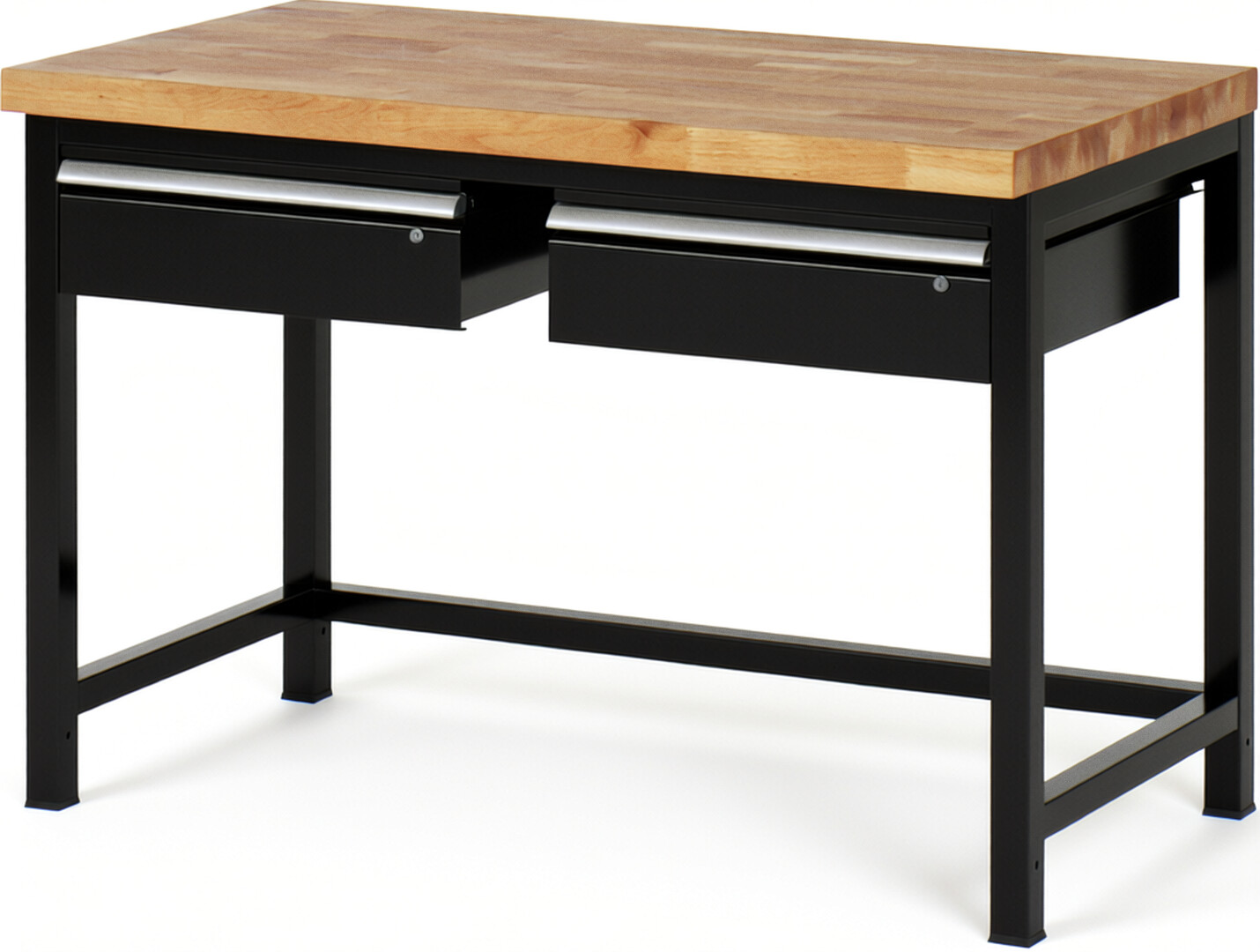 Werkbank Modell 8002 schwarz, BxTxH 1250x700x840-1040 mm,  Buche-Massiv Arbeitsplatte 40 mm,  2 Schubladen mit  Auszug 90 %
