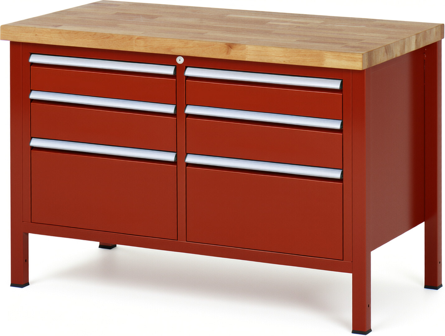 Werkbank Modell 8475 rot, BxTxH 1250x700x840-1040 mm,  Buche-Massiv Arbeitsplatte 40 mm,  6 Schubladen mit  Auszug 90 %