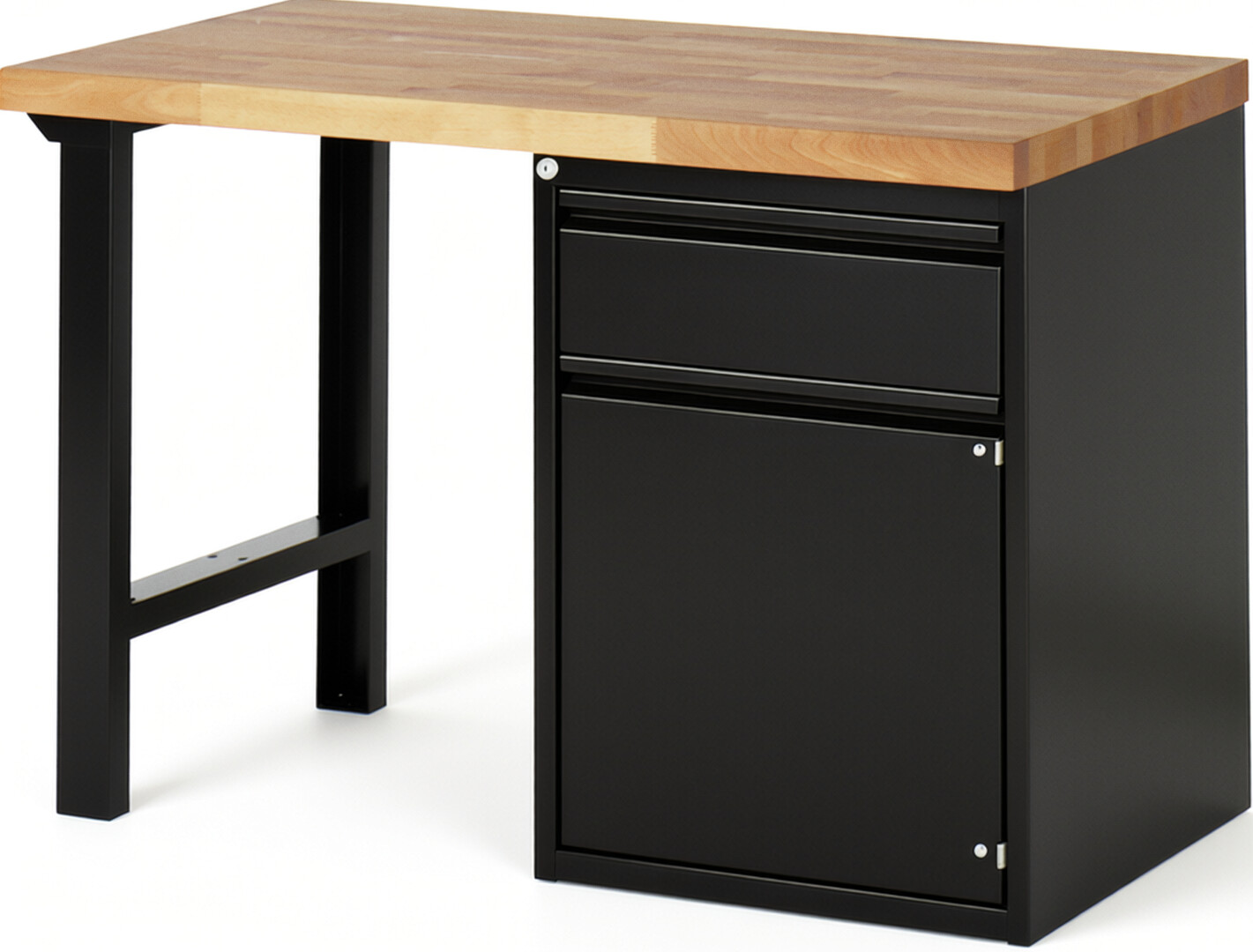 Werkbank schwarz, BxTxH1250xT700xH890 mm, Platte Buche 40 mm 40 mm, 1 Schublade 180 mm, 1 Tür 540 mm, 1 Fachboden, RAL 9011/9011