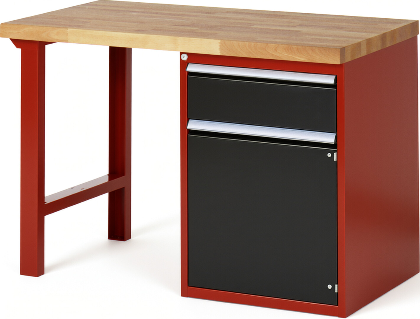 Werkbank Modell 7502 rot - schwarz, BxTxH 1250x700x840 mm,  Buche-Massiv Arbeitsplatte 40 mm,  1 Schublade mit  Vollauszug 100 % und  SoftClosing
