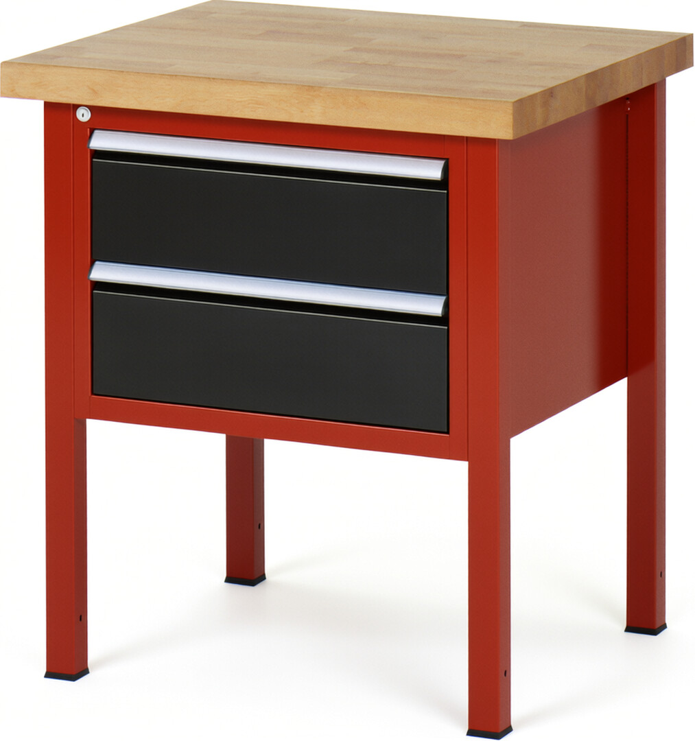 Werkbank Modell 8125 rot - schwarz, BxTxH 750x700x840 mm,  Buche-Massiv Arbeitsplatte 40 mm,  2 Schubladen mit  Vollauszug 100 % und  SoftClosing