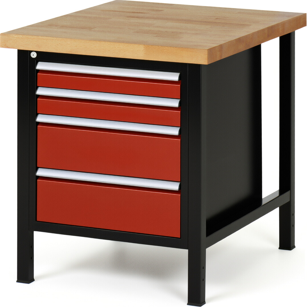 RAU Werkbank schwarz - rot - Breite 75 cm - Tiefe 90 cm - Höhe 104 cm - Buche-Massiv Arbeitsplatte 40 mm