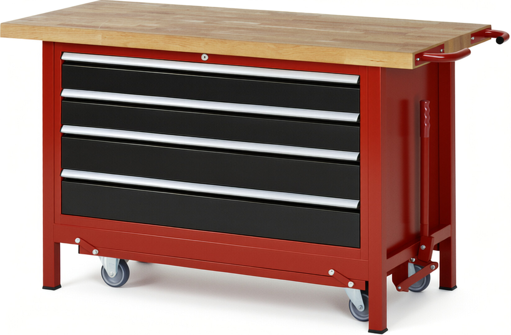 Absenkbare Werkbank Modell 8362 rot - schwarz, BxTxH 1500x700x880 mm,  Buche-Massiv Arbeitsplatte 40 mm,  4 Schubladen mit  Vollauszug 100 % und  SoftClosing