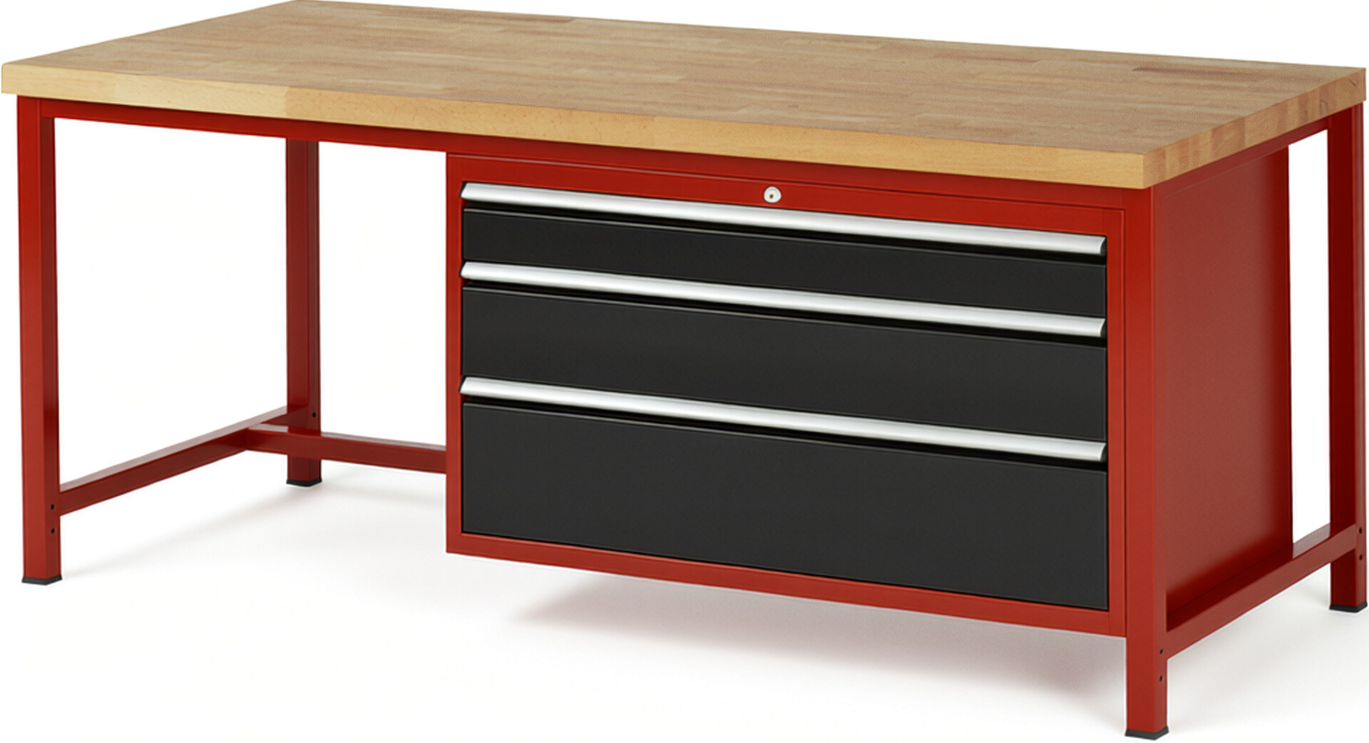 Werkbank Modell 8359 rot - schwarz, BxTxH 2000x900x840-1040 mm,  Buche-Massiv Arbeitsplatte 40 mm,  3 Schubladen mit  Vollauszug 100 % und  SoftClosing