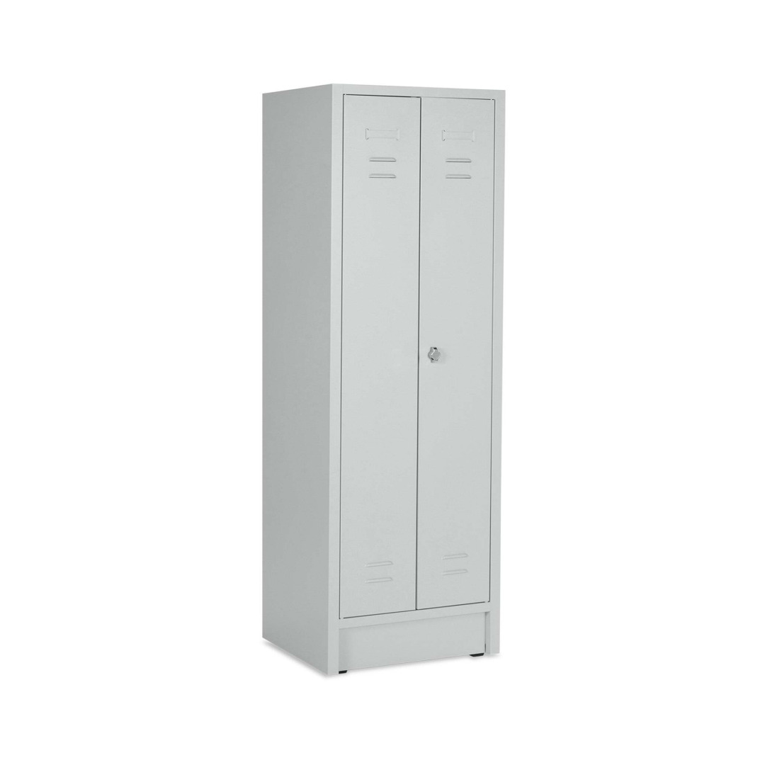 Doppelspind, Schwarz-Weiß-Trennung, 2 Abteile, Abteilbreite 30 cm, Höhe 180 cm, Breite 60 cm, RAL 7035 Lichtgrau, mit Sockel, Drehriegelschloss