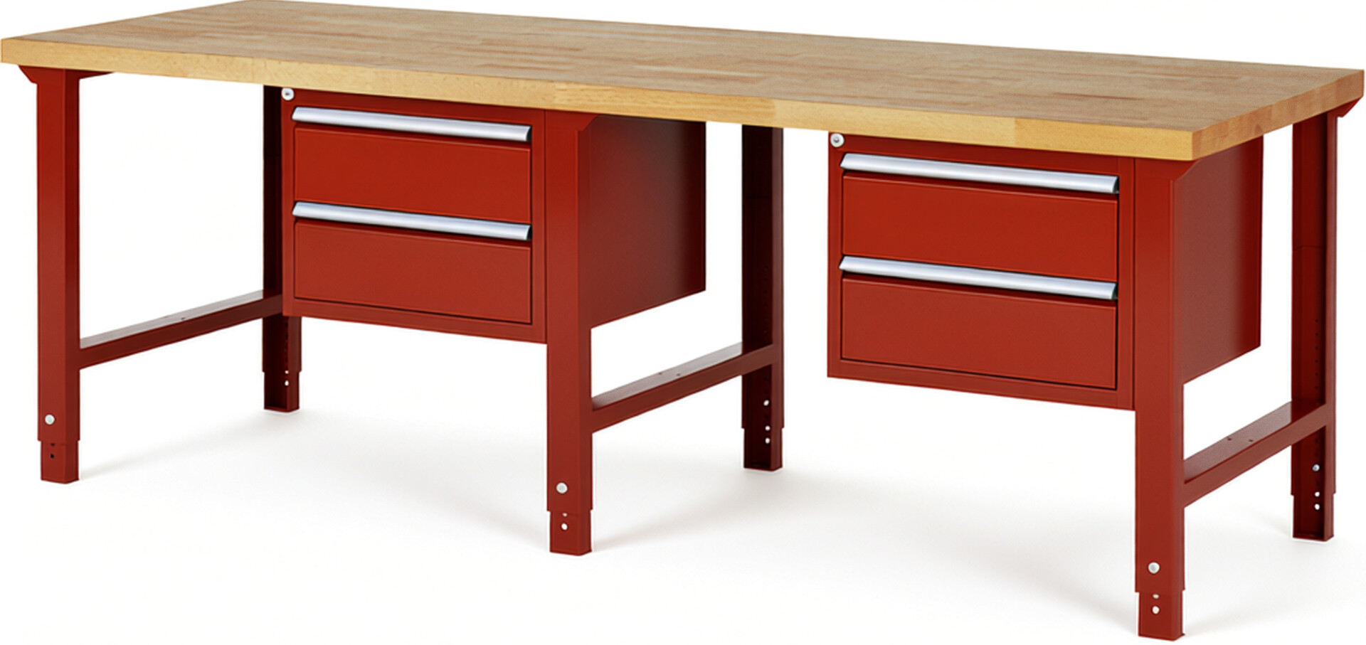 Werkbank Modell 7125 rot, BxTxH 2500x900x790-1140 mm,  Buche-Massiv Arbeitsplatte 40 mm,  4 Schubladen mit  Vollauszug 100 % und  SoftClosing